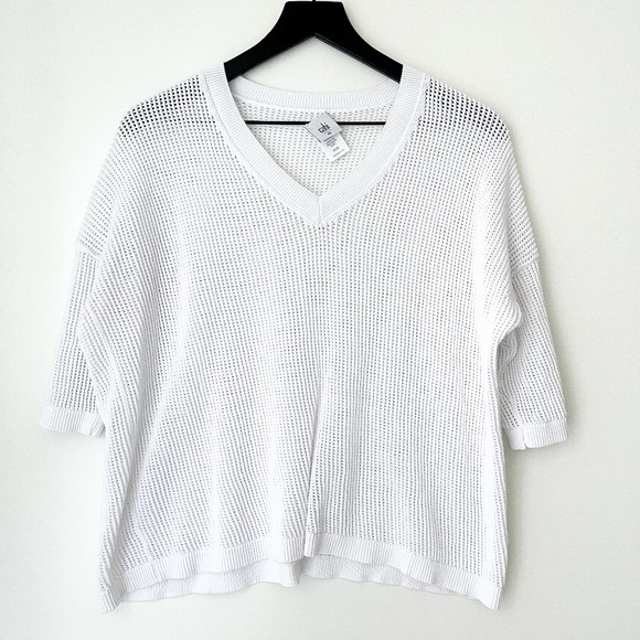 CAbi Sweaters - Cabi | Breeze Cotton Linen Open Knit V-Neck Sweater 5454 White | XS